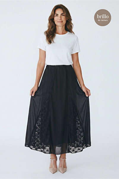Fast Perry Black Lace-Guipure Detailed Midi Length Lined Skirt