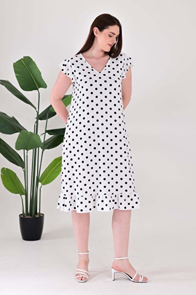 Madwilo Women's White Black Polka Dot Pattern Ruffled Sleeves and Hem Plus Si...
