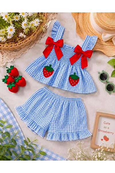 mirkidsclub Baby Girl/Kids Gingham Strawberry Appliqué Shorts Set of 2 – Ruff...