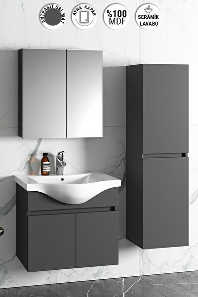 ÖZCEDEN Yıldız 65+35 cm Antrasit Gri Mat MDF Seramik Lavabolu Asma Banyo Dola...