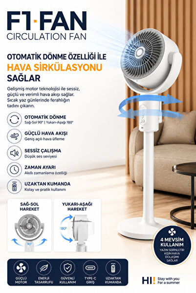 Voltico Şarjlı Akıllı Hava Sirkülasyon Vantilatörü | 5 Kademe Hız, Otomatik S...