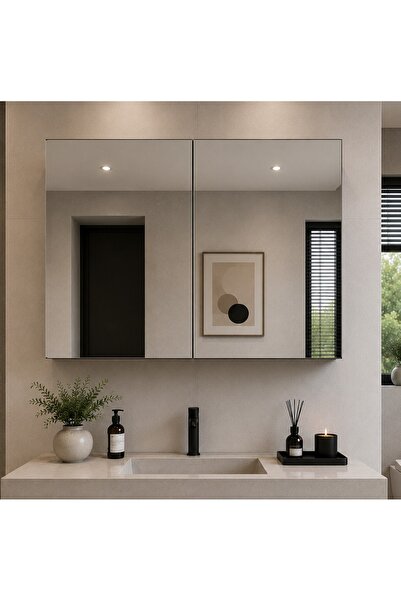 AVEVA HOME 2 Kapaklı (SİYAH) 60X60 Aynalı Banyo Dolabı Çok Amaçlı Banyo Dolabı