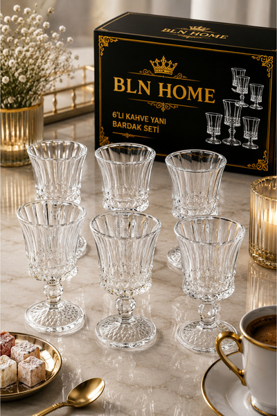 BLN HOME 6'LI AYAKLI KAHVE YANI BARDAK SETİ DEKORATİF KAHVE İKRAMLIK CAM BARD...