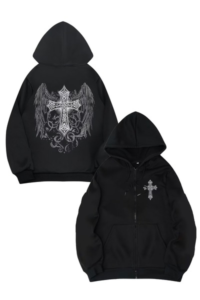 Touz Moda Gotički dizajn Oversize kroj crni unisex kardigan sa patentnim zatv...