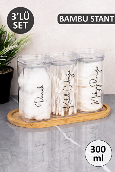 Dolkin Home 3-Piece Bamboo Stand Cotton Swab - Makeup Cotton Swab Labeled Tra...