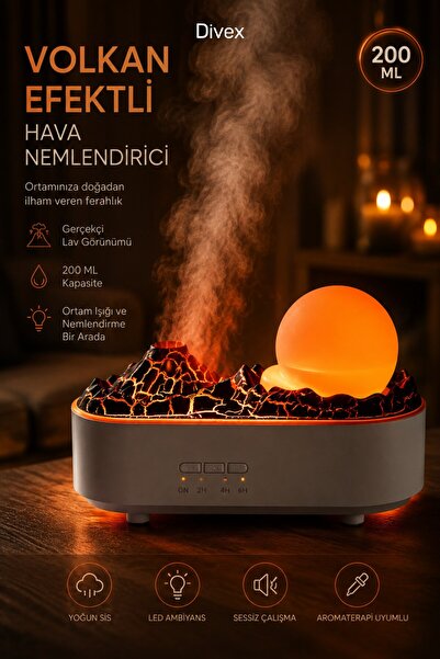 Divex Volkan Efektli Hava Nemlendirici 200 mL Aromaterapi Difüzörü LED Işıklı...
