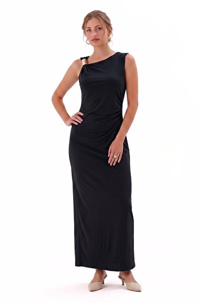 Shopping Shop Gold detailed long dress on shoulder black