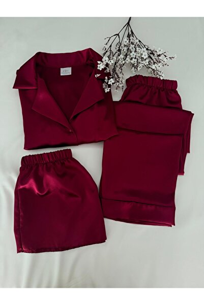 MH Moony Homewears 3-Piece Burgundy Soft Satin Pajama Set