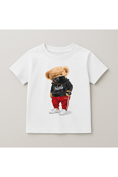 SVART WEAR تي شيرت قطني بأكمام قصيرة وياقة دائرية مطبوع عليه دب للأطفال والمر...
