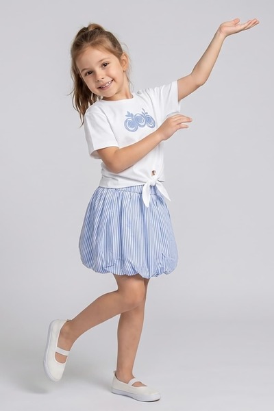 Pinkitokids Girl's Front Tie T-Shirt and Balloon Skirt Set-Blue