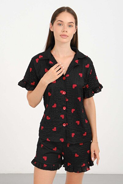C&City Bürümcük Textured Buttoned Shorts Set Small Heart