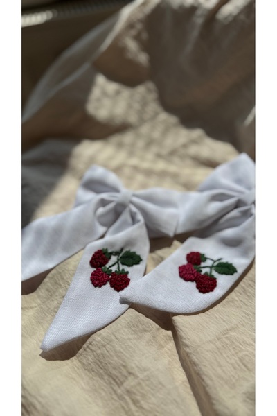 Generic Brand Raspberry Embroidered White Bow Hair Clip |   Handmade Fabric R...