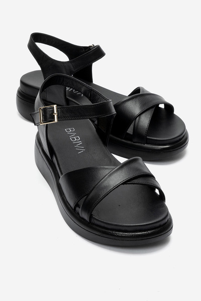 babiva 100% Genuine Leather Orthopedic Sole Cross-Strapped Women's Sandals-Black