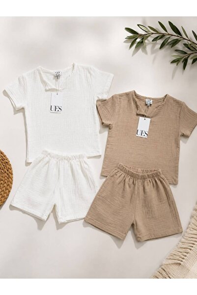 ues Children's 2-Piece White and Beige Shorts Muslin Set