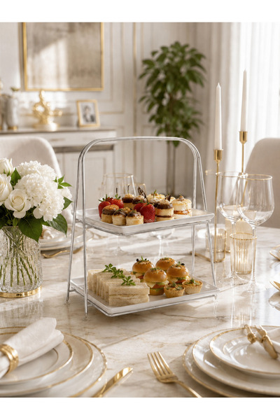 EMFA HOME Luxurious Two-Tier Stylish Mica Serving Tray with Silver Legs, Dess...