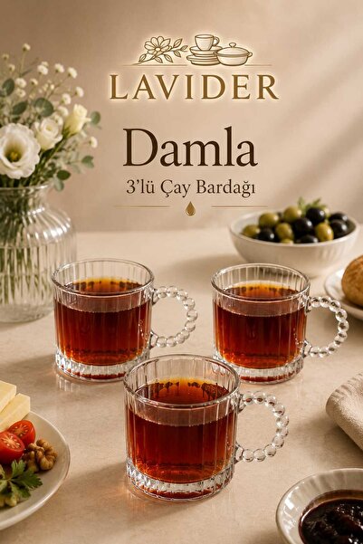 Lavider Damla Boncuk Kulplu Çay ve Kahve Yanı Cam Bardak 3'lü Set