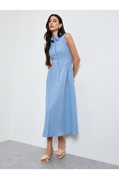 Styli Blue Sleeveless Textured Shirt Midi Dress