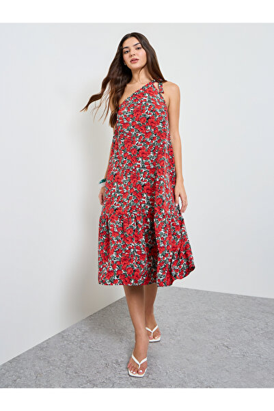 Take Two By Styli Red Floral One Shoulder Shift Midi Dress