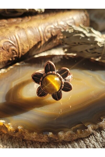 Meneva Aksesuar Tiger's Eye Natural Stone Handcrafted Copper Framed Flower De...
