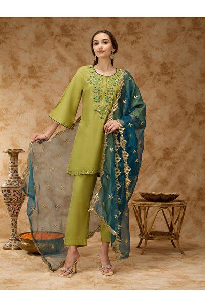 Silver Lime By Styli Green Round Neck Embroidered Kurta, Straight Pants and D...