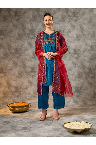 Silver Lime By Styli Blue Asymmetric Zari Embroidered Kurta, Straight Pants a...