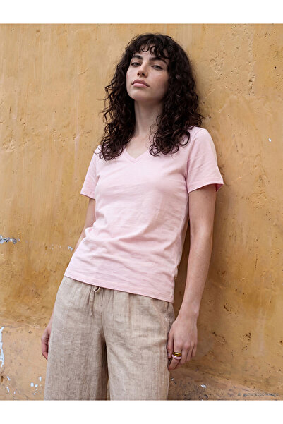 LC Waikiki Lcwaikiki Petite Pink V-Neck 100% Cotton Women's T-Shirt