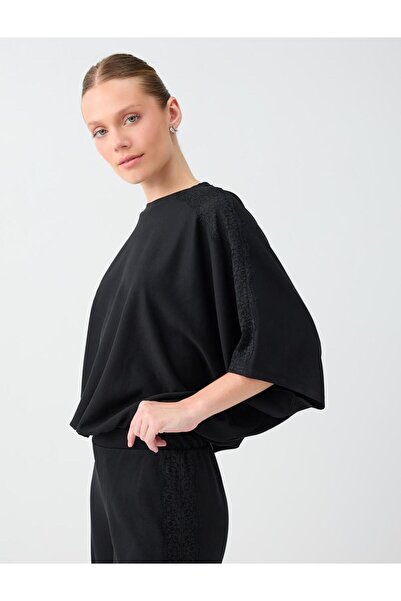 Jimmy Key Black Off-Shoulder Boat Neck Blouse with Elastic Waist