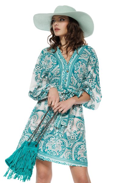 Fofy Rochie de vara mini din bumbac imprimeu paisley bohemian verde cu alb