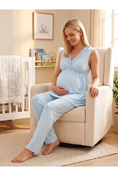 Lohusa Homewear New Season Blue Summer Pajama Set with Easy Breastfeeding Fea...
