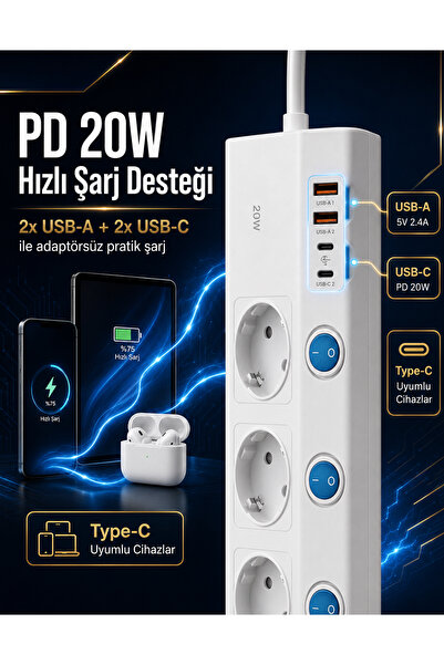 The Wlue 5’li Anahtarlı Akım Korumalı Priz | 3680W | 16A | 2xUSB-A | 2xType-C | PD 20W Hızlı Şarjlı | Çoklu Priz