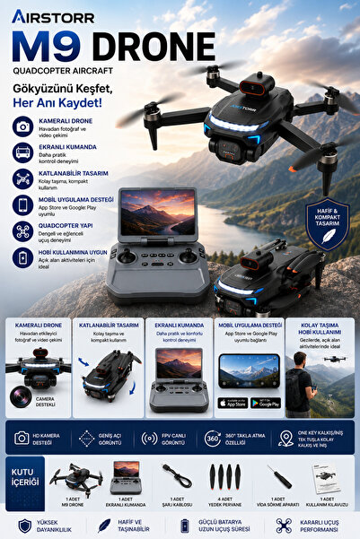 Aırstorr M9 Drone Kameralı Ekranlı Kumanda 2200mAh Batarya Katlanabilir FPV M...