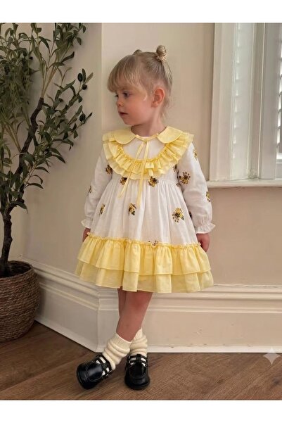 Noy Noy Baby Girl Yellow Floral Embroidered Flounce Dress Birthday and Specia...