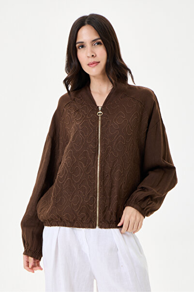 della moor Brown Italian 100% Linen Embroidered Zippered Low Sleeve Oversize ...