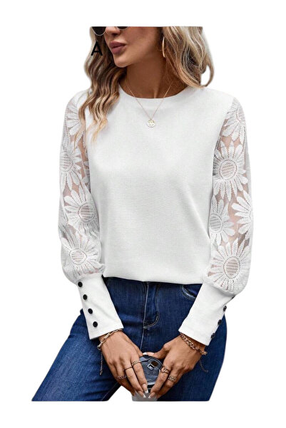 OEM Bluza dama, alba, maneca din dantela, marimea L