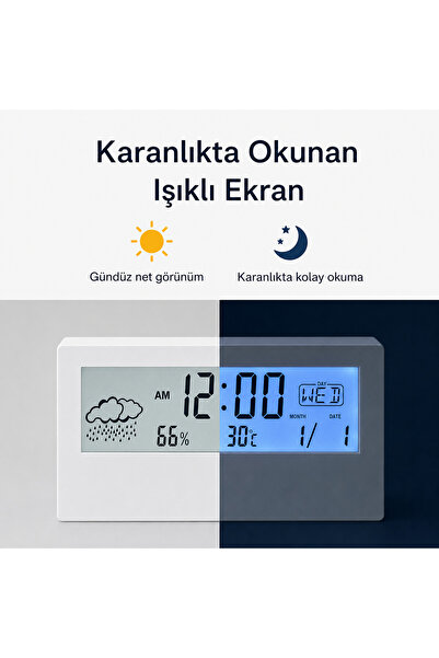 Micron Dijital Masa Saati – Alarm, Termometre, Nem Ölçer ve Takvim Özellikli LCD Masaüstü Saat
