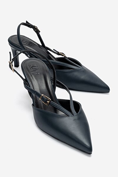 LuviShoes Armonia Navy Blue Leather Tape Detailed Women's Heeled Shoes