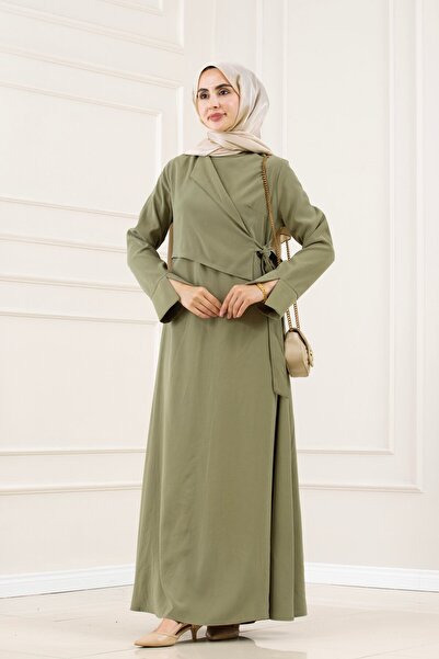 Sevitli Beli Tie-Detail Bihter Dress-Khaki̇
