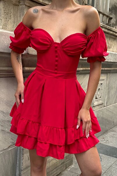 NEW JOURNAL Women's Red Gathered Front Button Detailed Mini Dress Yel221534