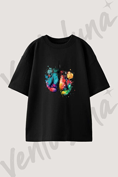 Vento Luna Renkli Boks Eldiveni Tasarım Baskılı Unisex Oversize Kalıp Siyah T...