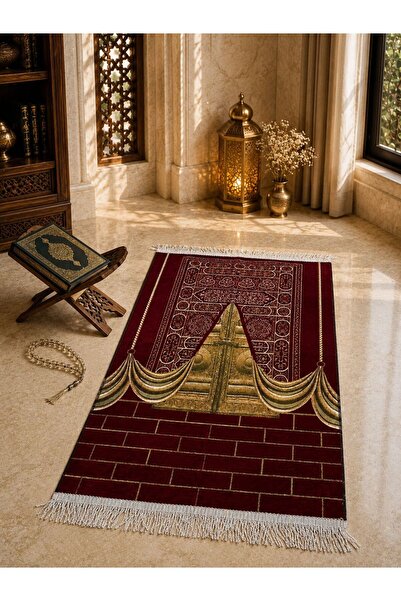 Altınoluk Haremia Kaaba Gate Patterned Micro Chenille Prayer Mat |   Gold Lea...
