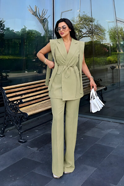 Women Bottom Top Double Set Shoulder Detailed Belted Sleeveless Vest Pants Set