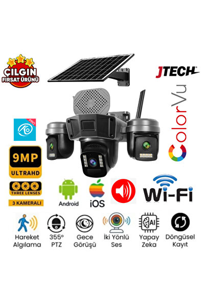 O-KAM 5210 (3mp+3mp+3mp) 9MP Wi-fi Destekli 1xSolar Panelli 3 Kameralı 1 PTZ Akıllı Kamera