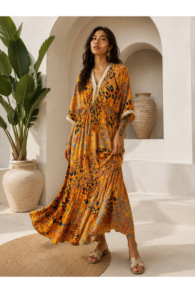 laviyonsa Imported Multi-Color Orange Retro Bat Sleeve Dress Std 36-42