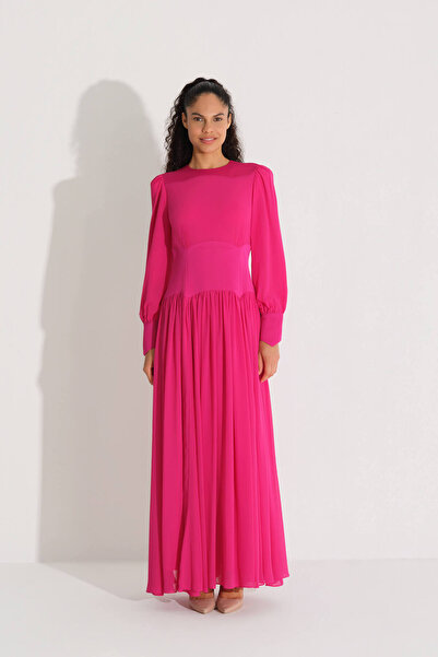 miha Hicran Önal Bel Kismi Stone Embellished Dress Fuchsia