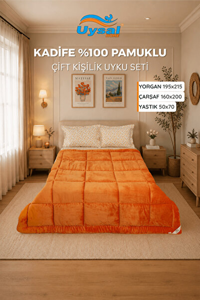 UYSAL KADİFE UYKU SETİ %100 PAMUKLU TURUNCU ÇİFT