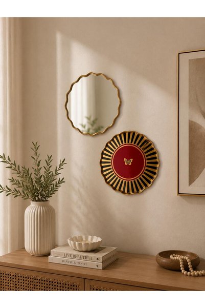 netteucuzluk Set of 2 Daisy Mirror and Butterfly Patterned Glass Presentation Plates, Wall Accessory