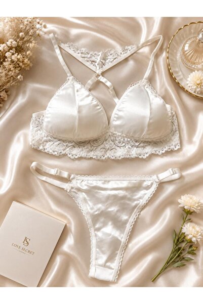 MAEMLİNGERİE BEYAZ SATEN DANTEL DETAYLI BRALET VE STRİNG KÜLOT TAKIMI