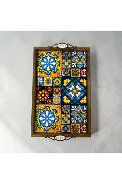 PorcelainAtelier El Yapımı Kütahya Çini Desenli Ahşap & Seramik Tepsi 42x28 c...