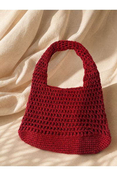 lunera Red Glittery Macrame Knitted Shoulder Bag – Handmade Summer Casual Bag