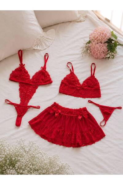cdh çeyize dair herşey Sakura Bordo Dantel Bralet Takımı Desteksiz Balensiz